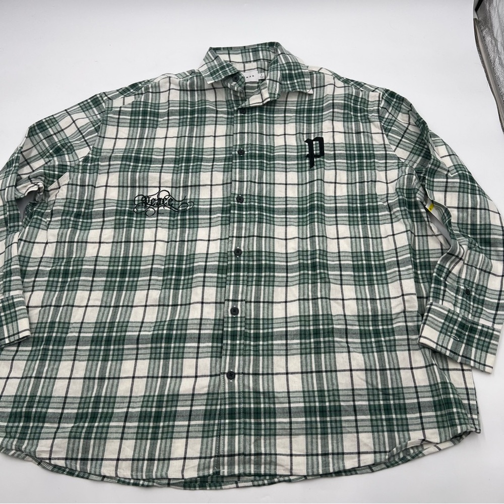 Men’s Topman green and black plaid flannel. Size Small. Embroidery design.